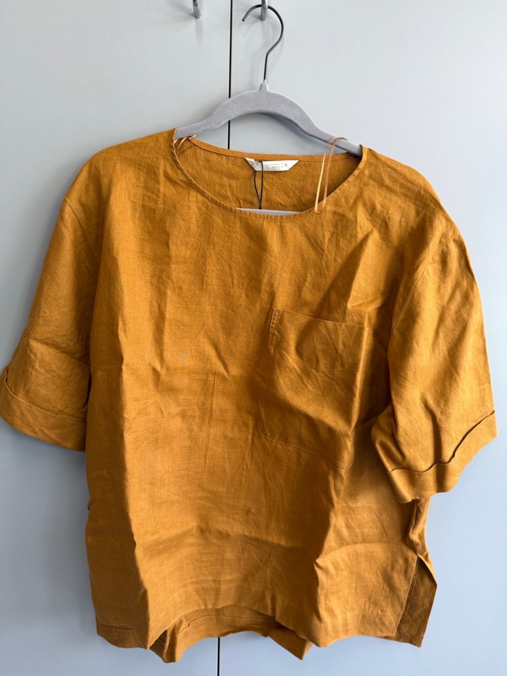 Zara Mustard Scoop-Neck Linen Top with Patch Pocket
